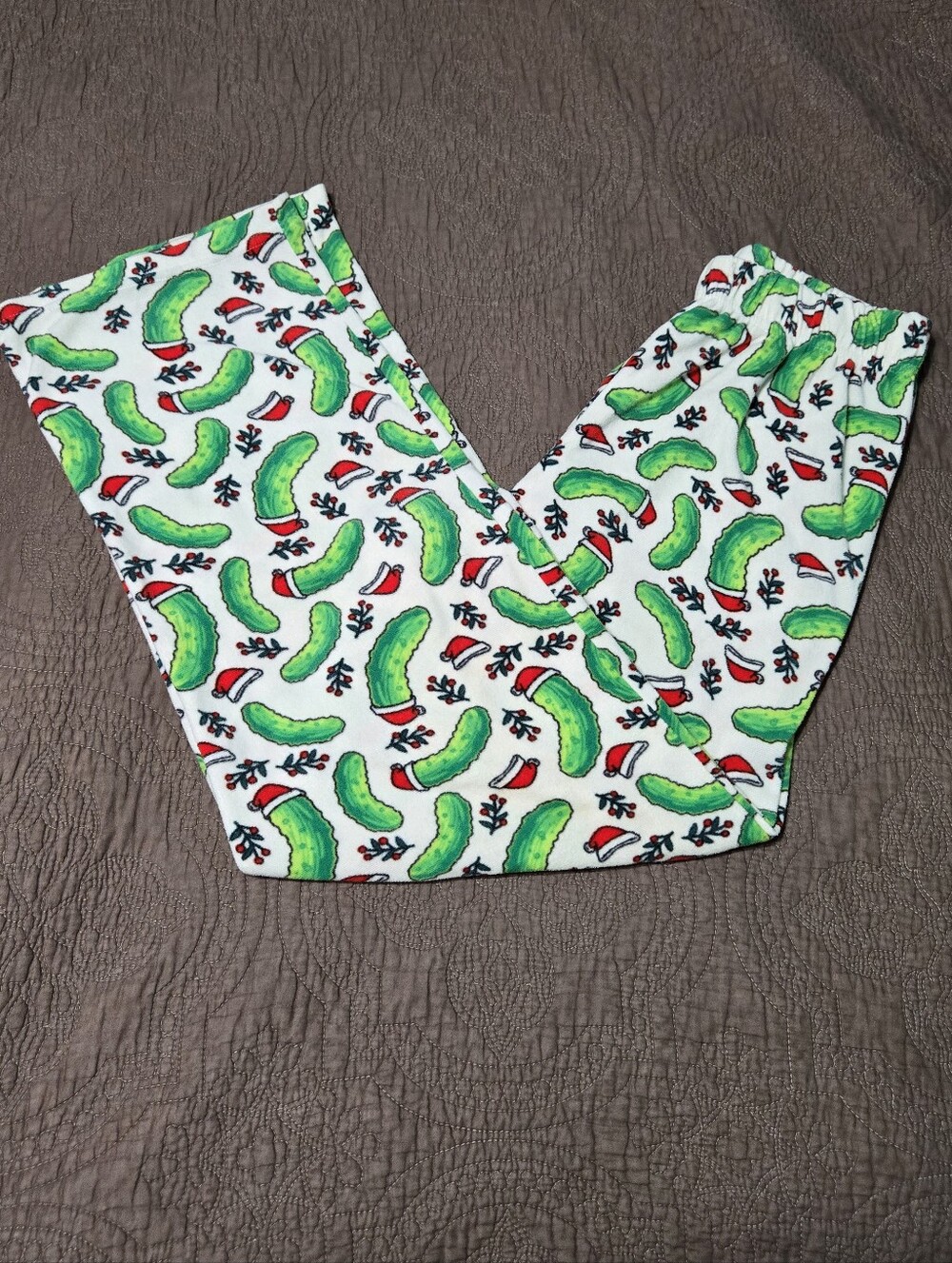 Cute Christmas Pickle Print Fuzzy Pajama Pants, S